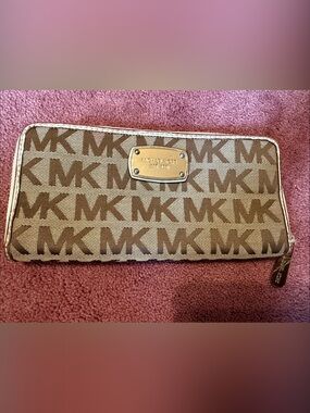 Michael Kors Brown and Tan MK Logo Zip Wallet with Gold Plaque & Zipper